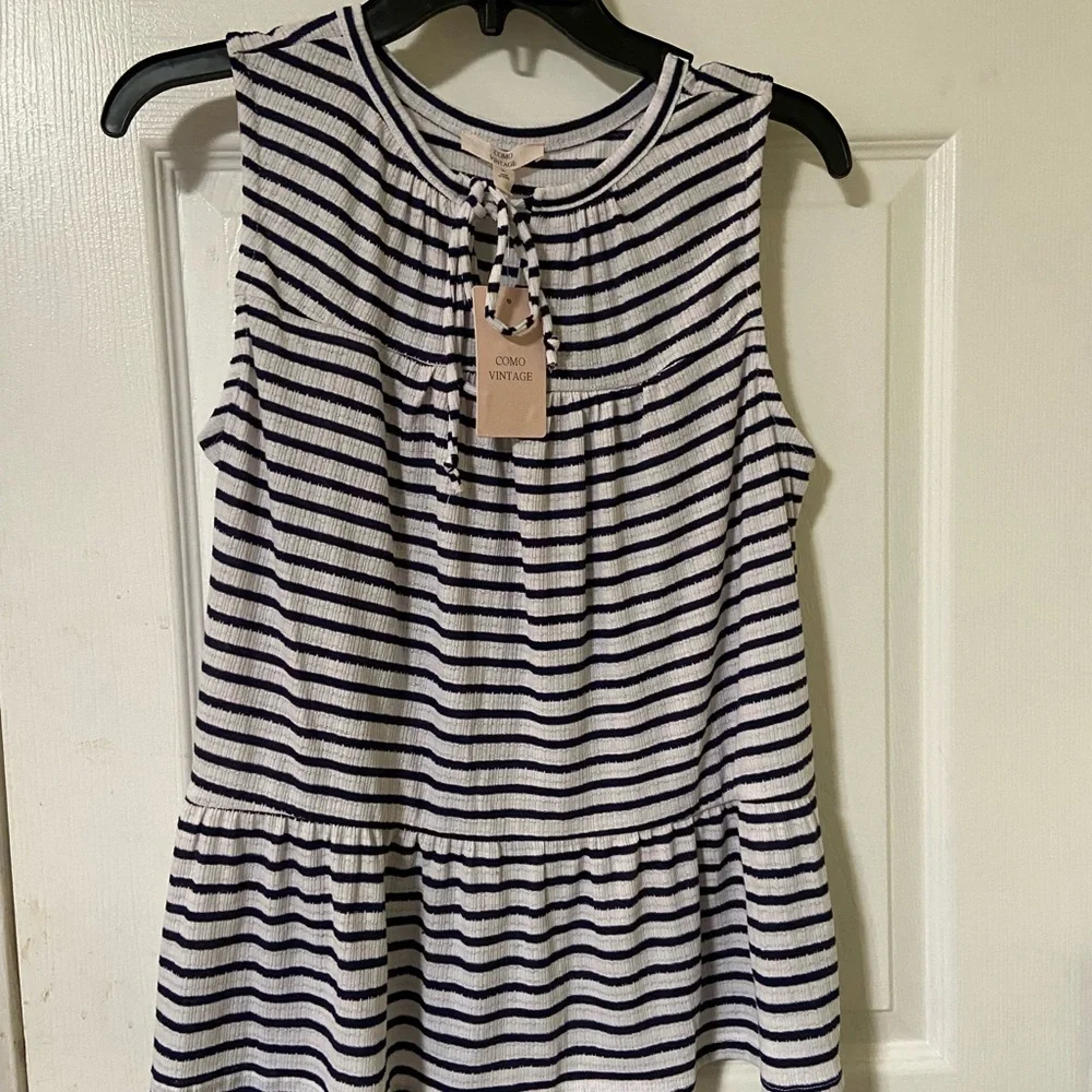 Como Vintage Navy and cream stripe tank top short sleeve shirt Size Large